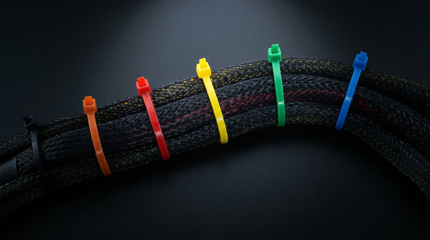 Colorful cable ties securing a bundle of cables against a dark background