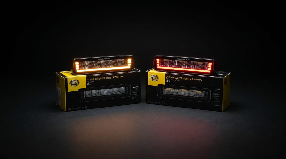 Hella  Black Magic Edgeless Pro Mini Reverse Light bar (7") with amber and red position lights
