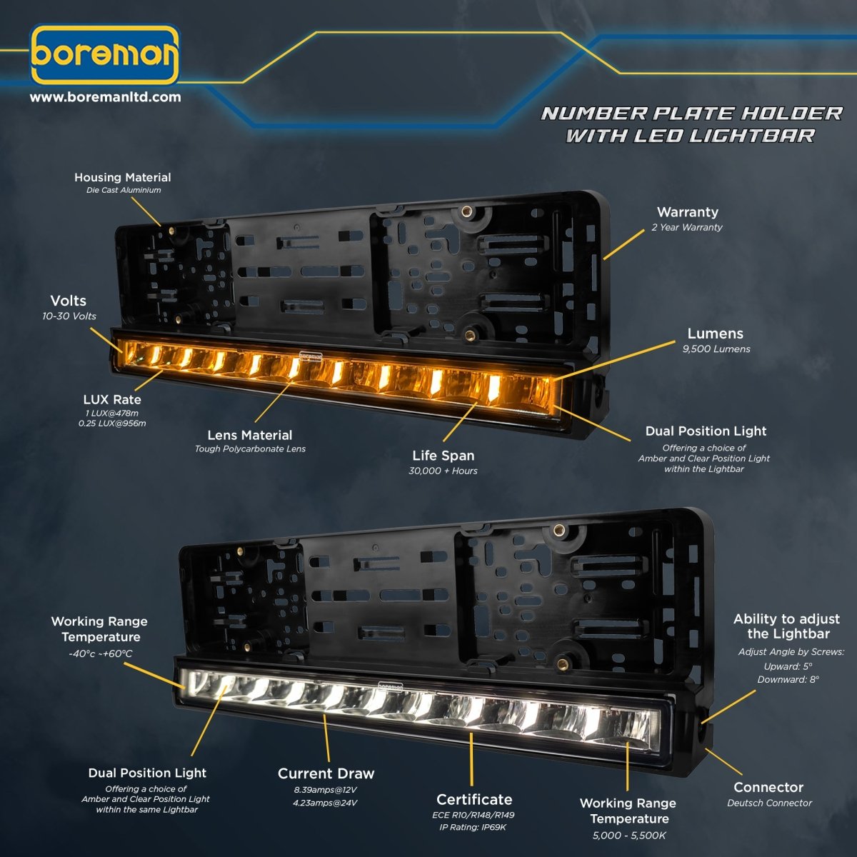 Boreman Number plate holder with LED lightbarDriving LightBoremanSRH Lighting