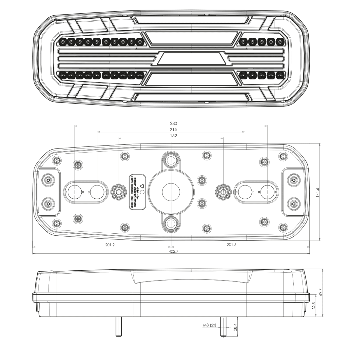 WAS W278 Rear truck Light with LINE indicatorStop, tail, dynamic indicator, reverse, rear fog2384L BLACKWASSRH Lighting
